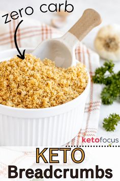 A scoop inside a white bowl containing keto panko breadcrumbs. Keto Condiments, 3 Ingredient Recipe, Keto Baking, Panko Crumbs, Keto Breads