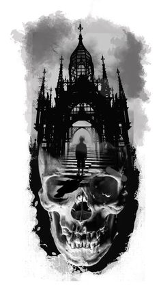 a black and white drawing of a skull in front of a building with a skeleton's head