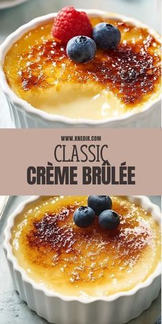 two desserts with blueberries and raspberries on top, one is made from creme brule