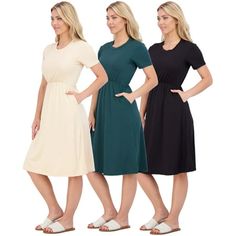 Experience the epitome of style and versatility with the Real Essentials Women's Short Sleeve Midi T-Shirt Dresses 3-Pack  the ultimate fashion essential for the modern woman! Why settle for just one dress when you can have three? We understand that fashion-forward individuals like you crave versatility and options. With our carefully curated 3-pack, your dollar goes further, allowing you to unlock endless outfit possibilities. Mix and match these trendy, comfy t-shirt dresses to create unique f Dress With Elastic Waist, Multiple Outfits, Unique Fits, Tee Shirt Dress, Midi Dress Summer, Fabulous Dresses, Loose Outfit, Fashion Essentials, Womens Midi Dresses