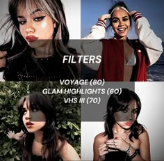 four different images of a woman with long hair and makeup, including the words filters voyage 600 glam highlights 60 vhs i 70