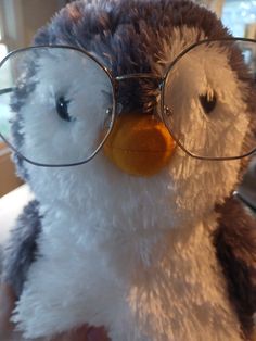 a close up of a stuffed penguin wearing glasses