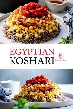 egyptian koshari with noodles and vegetables on a white plate