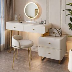 a white dressing table with a mirror and stool next to a potted plant on the floor