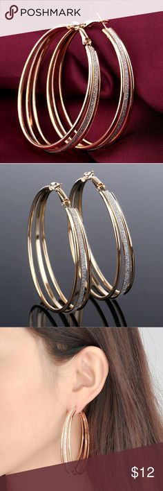 Here!!! 3 Hoop Earring Gold & Silver Earrings Three Circle Hoop Earring Gold & Silver Earrings.  Size (Length * Width)	50mm * 35mm Metals Type	Zinc Alloy Shape\pattern	Round Jewelry Earrings Diamond Hoop Earrings Large, Shein Jewelry, Wedding Earrings Vintage, Timeless Earrings, Hoop Earrings Large, Shiny Earrings, Earring Simple, Double Earrings, Big Hoop Earrings