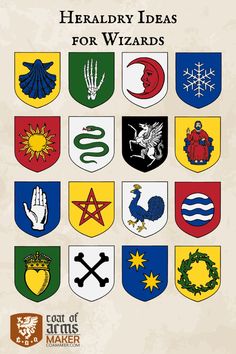 the front cover of heraldry ideas for wizardss, with several crests and symbols