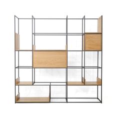 a book shelf with wooden shelves and metal frame