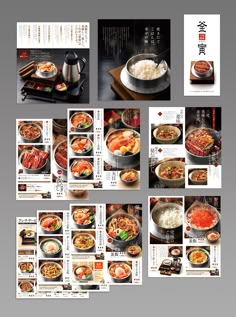 a series of photographs showing different types of food in various dishes, including rice and meats