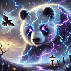 a panda bear with purple eyes and lightning in the sky above it is a bird