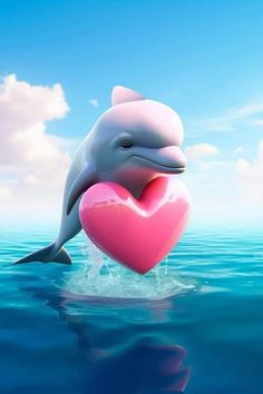 a dolphin holding a pink heart in the water with clouds and blue sky behind it