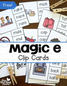 a pile of cards with the words magic e and clip cards