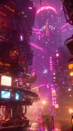 a futuristic city at night with neon lights