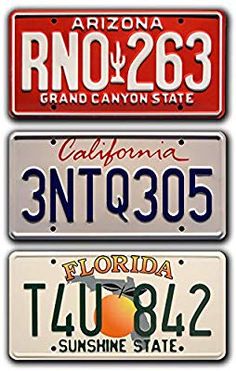 three license plates with the names of different states on them, all in red and white