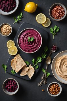 A photo of a  Beetroot Hummus which is a type of hummus bowl Colorful Veggies