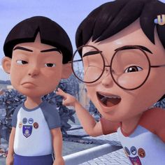 an animated image of two young boys with glasses and one pointing at the camera while another looks on