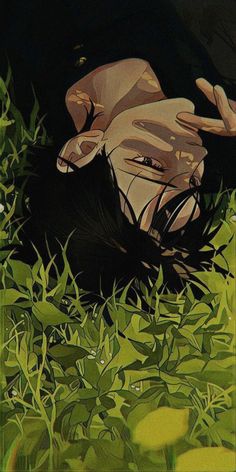 a painting of a person laying in the grass