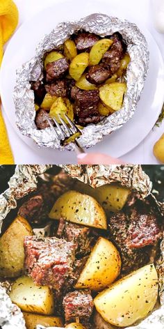 two pictures showing different types of food on tin foil and one with potatoes in it