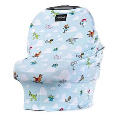 a blue baby seat cover with cartoon characters on the front and back, sitting against a white background