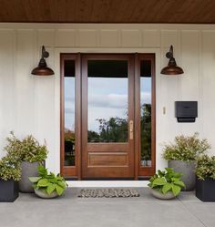 two potted plants sit in front of a door on the side of a house