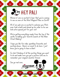 a letter from mickey mouse to his mother on christmas day, with the words hey pal