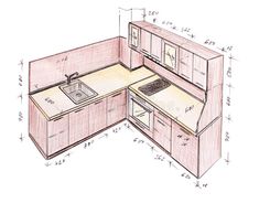 a drawing of a kitchen with an island and sink in the center, on a white background