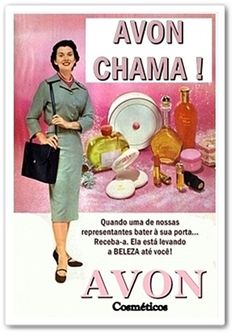 an ad for avon cosmetics with a woman standing in front of dishes and bottles on the table