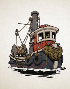 a drawing of a tug boat with rope on it's front and side, in the water