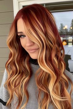 Lived-in blonde red hair is a low-maintenance style that still turns heads. From the vibrant dark red hair with blonde highlights you see here to styles with chunky blonde highlights and bold blonde ends on red hair, our collection features over 35 trendy red blonde hair combinations. Click to see it now or save this pin for later! Blonde Red Hair, Peach Hair, Red To Blonde, Dark Red Hair, Gorgeous Hair Color