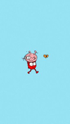 an image of a cartoon character flying through the air with a butterfly nearby on a blue background