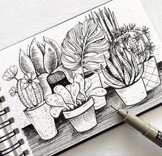 a drawing of some plants sitting on top of a table next to a pen and paper