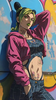 a woman with green hair and piercings standing in front of graffiti