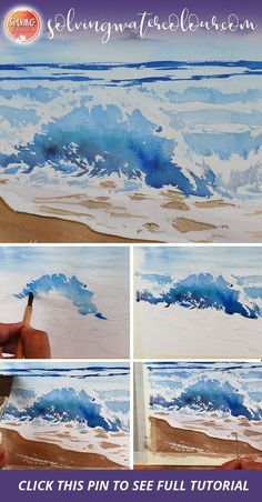 the steps to painting waves on canvas with acrylic paint and watercolor pencils