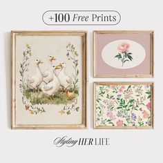 three framed pictures with ducks and flowers on them, one is for the print shop