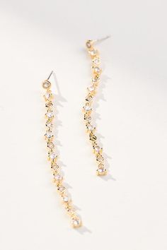 14k gold-plated brass, cubic zirconia Post styling Imported | Linear Crystal Drop Earrings by Anthropologie in Gold, Women's, Gold/Plated Brass/Cubic Zirconia Gold Bridal Earrings, Crystal Drop Earrings, Crystal Drop, Accessories Jewelry Earrings, Women Accessories Jewelry, Bridal Earrings, Anthropologie, Women's Accessories, Cubic Zirconia