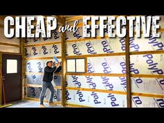 a man standing on top of a pile of boxes in front of a wall with the words cheap and effective