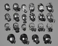 various types of gas masks are shown in black and white