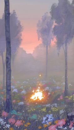 a painting of flowers and trees with the sun setting in the distance behind them on a foggy day