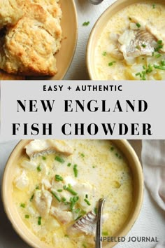 two bowls of new england fish chowder with biscuits