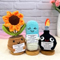 three crocheted vases with flowers in them sitting next to each other on a table