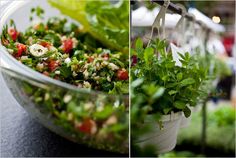 there are two pictures of different salads in the same bowl, one is green and the other is red