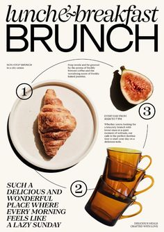 an advertisement for lunch and breakfast brunch with figs on the plate, coffee mug