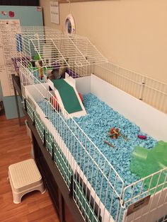 a room with two cages filled with toys