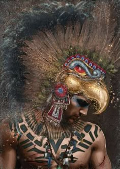 an artistic painting of a man with feathers on his head and body, holding a knife