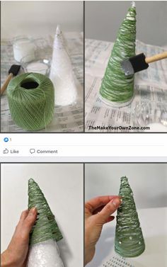 the instructions to make a christmas tree out of yarn are shown in three different pictures