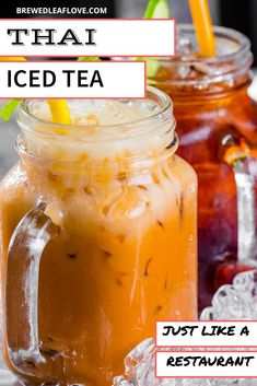 two mason jars filled with iced tea, one has a yellow straw and the other has orange