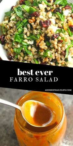 the best ever farro salad is in a jar