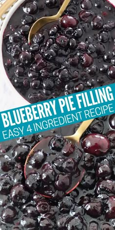 blueberry pie filling recipe in a bowl with spoons on the side and text overlay