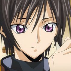 an anime character with black hair and purple eyes pointing to the side while looking at the camera