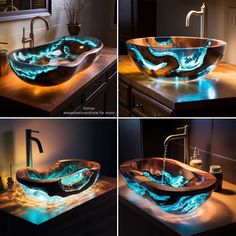 three pictures of a bathroom sink with blue lights in the bowl and water running through it