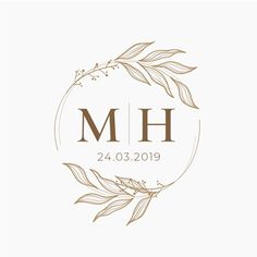 the logo for mh, with leaves and branches in gold on a white background